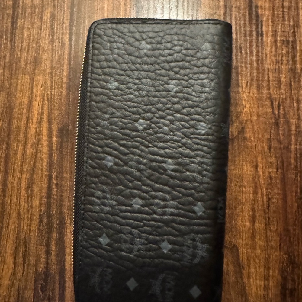 Authentic MCM Black Monogram Zip-Around Leather Card Holder